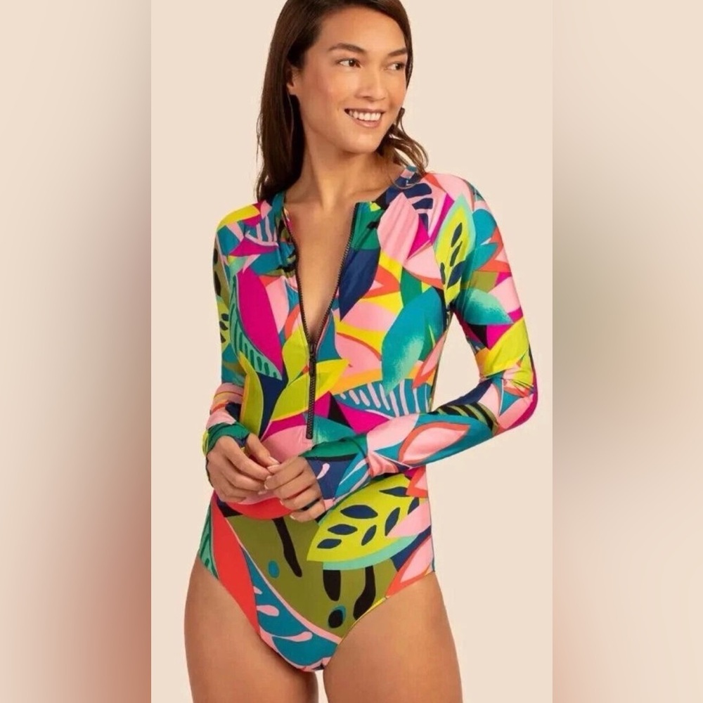 Trina Turk Rainforest Long Sleeve Paddle 1 Piece Swimsuit in Multi Size XL